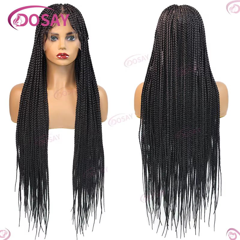 Perruque Synthétique Tressée avec Frange pour Femme Noire