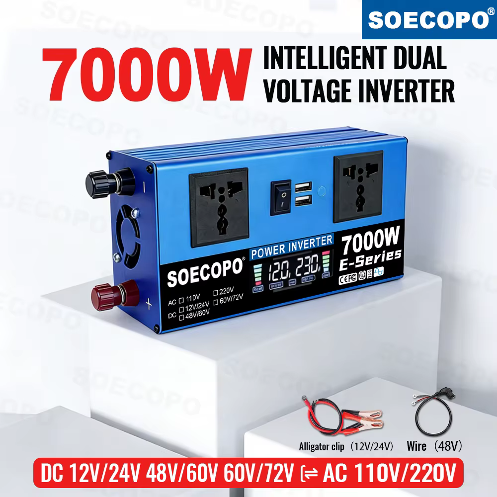 Convertisseur de tension double 7000W-10000W DC 12/24V 48/60V 60/72V vers AC 220V 50Hz avec port USB pour camping-car, camping, camion, extérieur