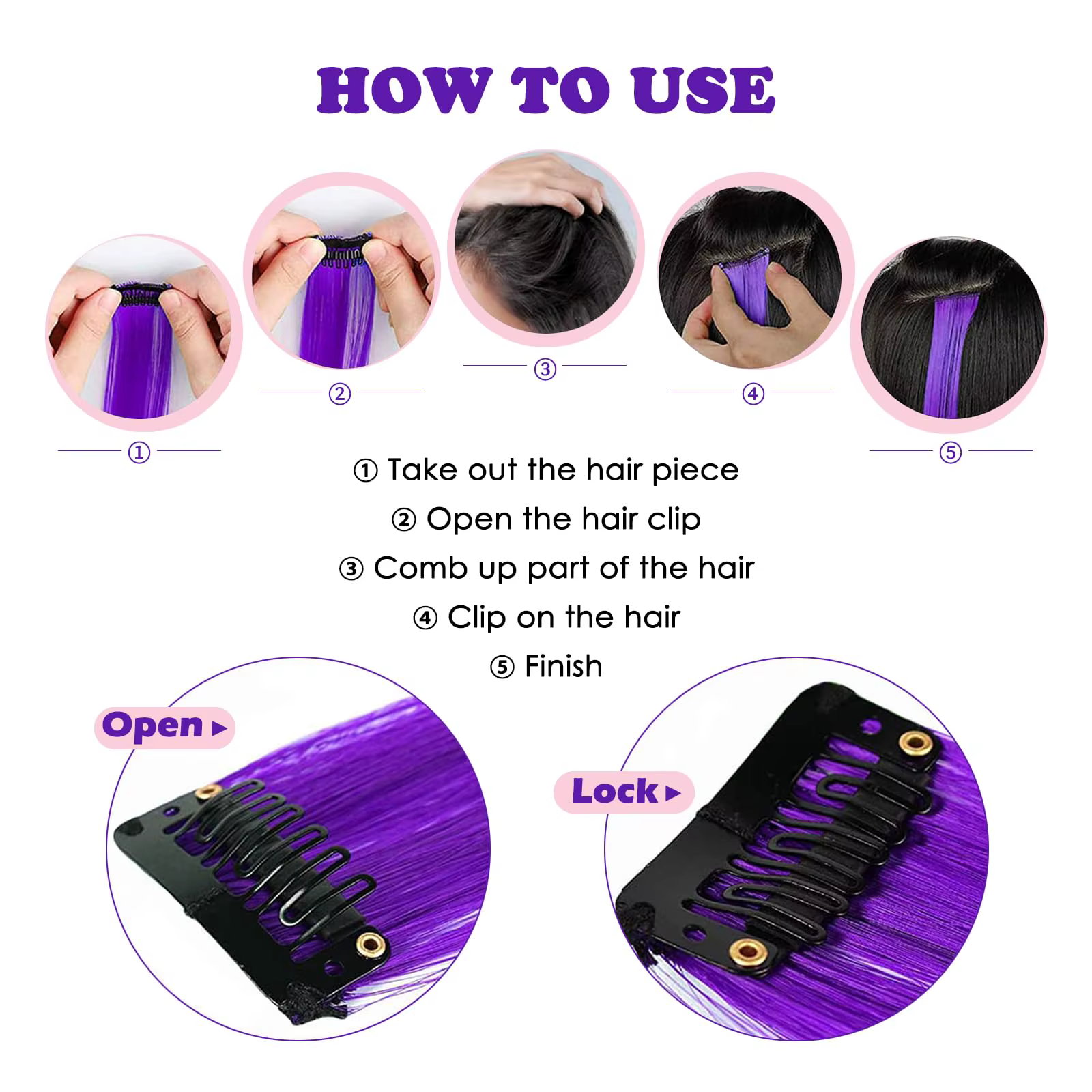 Extensions de cheveux violets 6 pièces