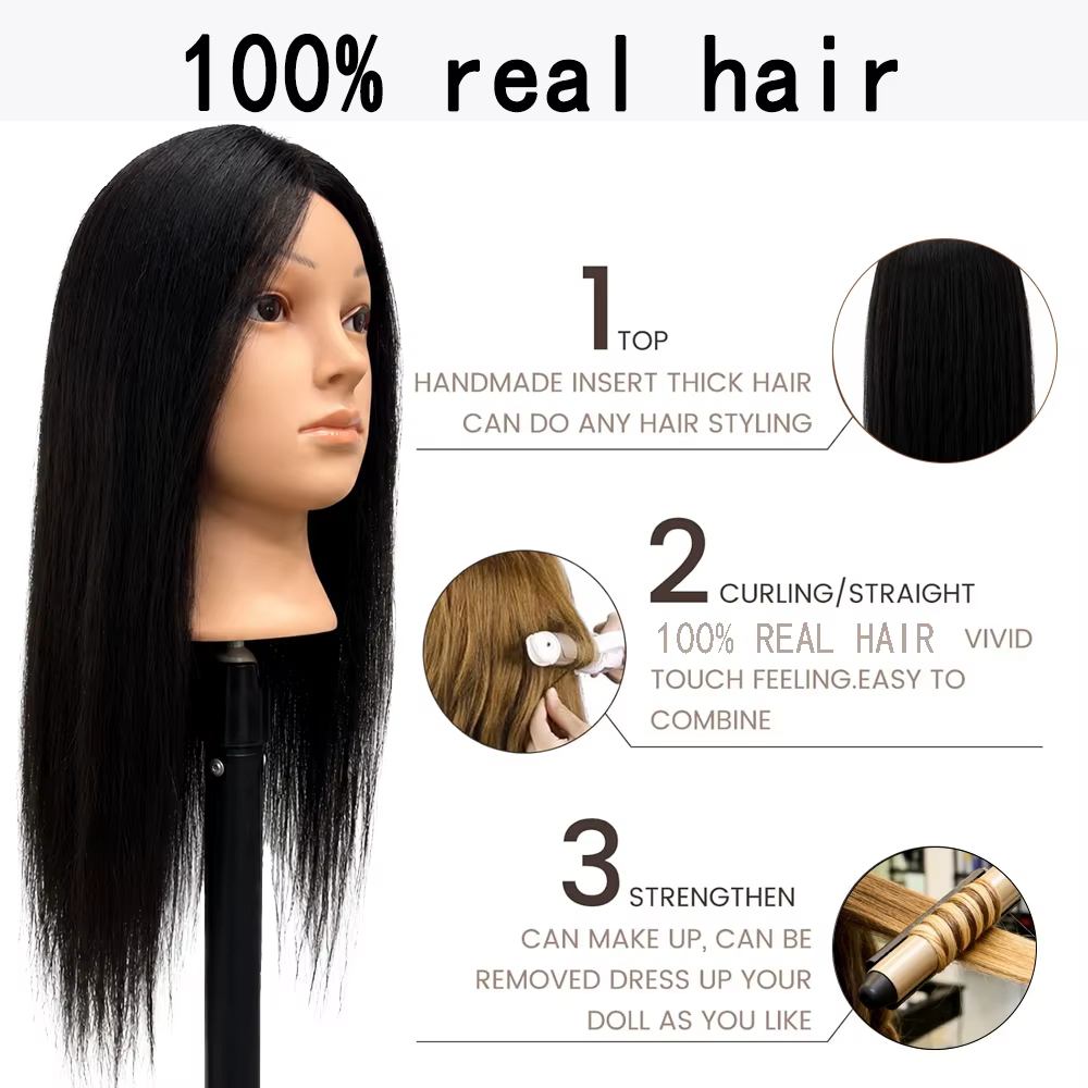 Tête de mannequin de 20 pouces en cheveux naturels pour la formation en salon de coiffure