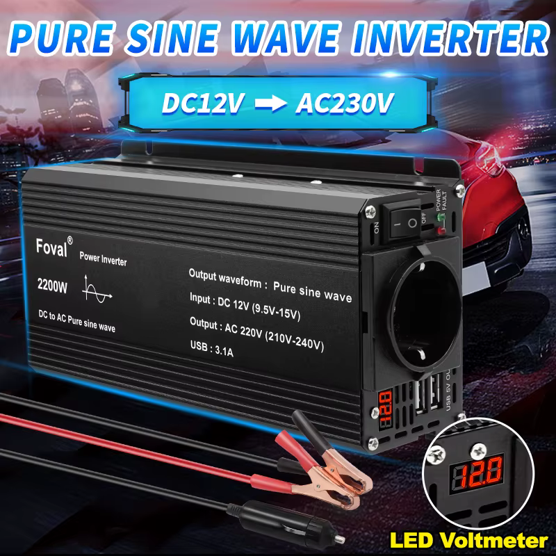 Onduleur à onde sinusoïdale Pure DC 12V à AC 220V 230V 1500W/2200W/2600W, convertisseur de transfert de tension, prise ue universelle, accessoires automobiles
