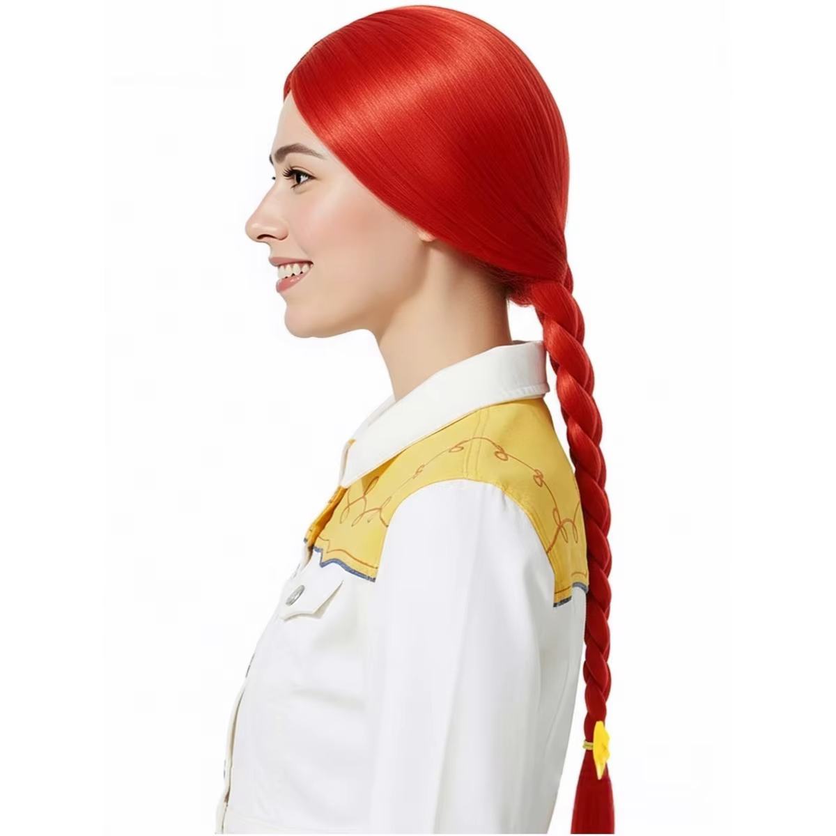 Perruque longue tressée rouge style Marilyn pour fête et cosplay. Elle est livrée avec un nœud jaune. Confortable à porter. Perruques synthétiques.