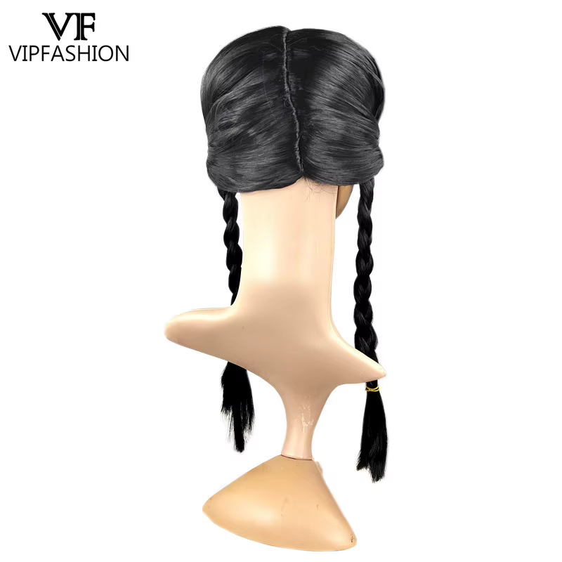 VIP FASHION Girl Halloween Wed. Adddams Cosplay perruque noir Double tresses cheveux partie centrale frange perruques
