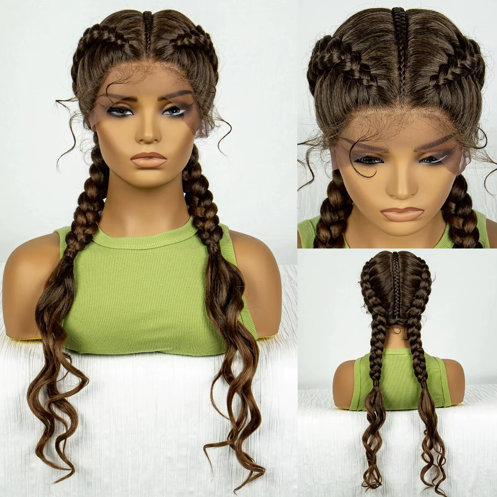 Perruque Synthétique Tressée Cornrow avec Vague Bouclée pour Femme