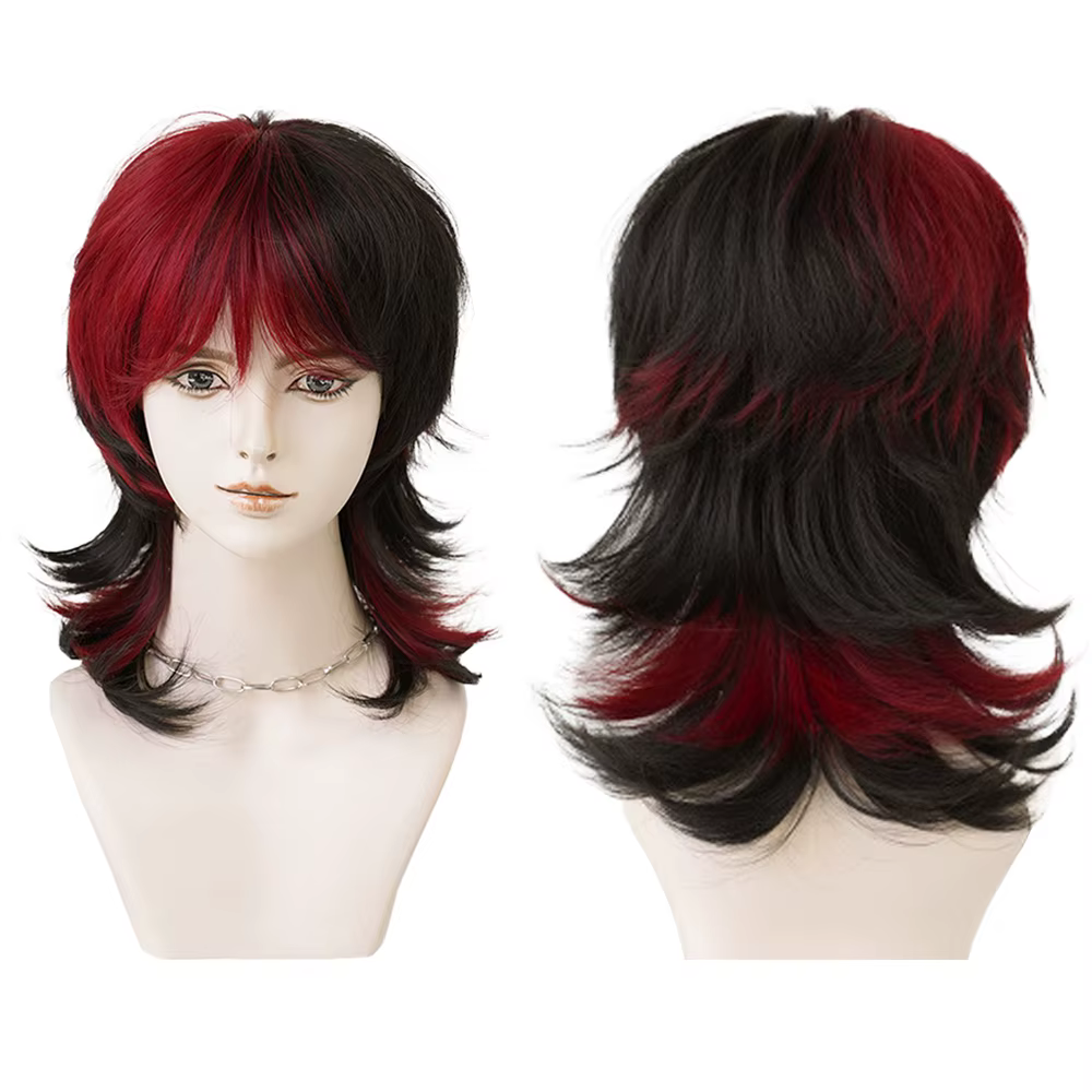 Perruque synthétique de coiffure mulet bleue avec frange