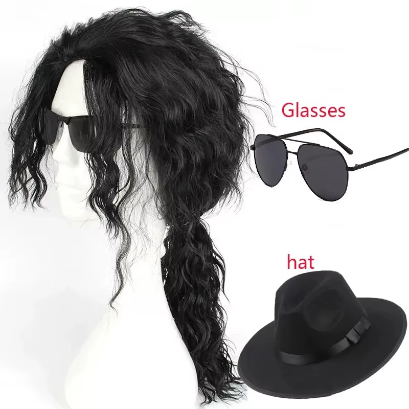 Perruque noire mi-longue bouclée pour cosplay d'Anime Michael Jackson