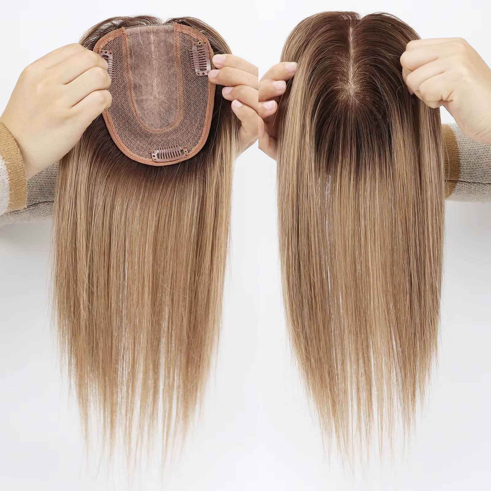 Topper capillaire 14 pouces ombré blond avec base en soie et clips