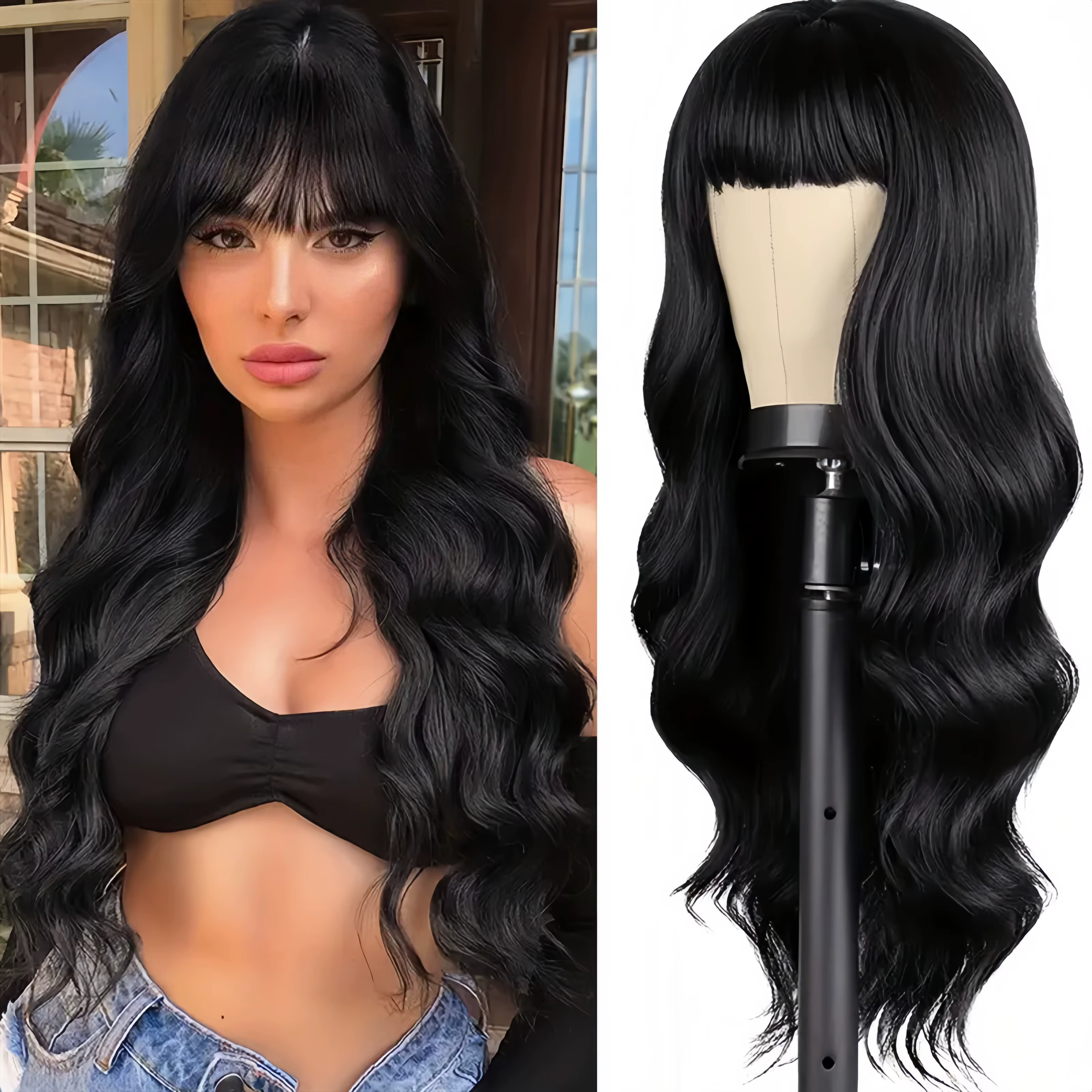 Perruques synthétiques populaires pour femmes avec frange et cheveux longs et bouclés shaggy Festival fête usage quotidien perruque de tête en fibre chimique