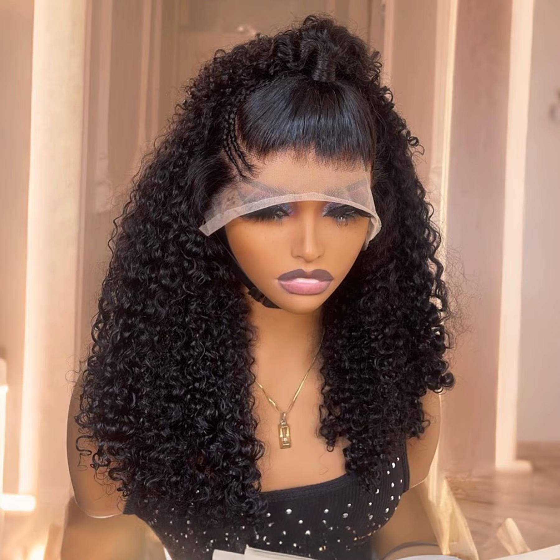 Perruque Lace Frontal Wig synthétique courte bouclée et crépue