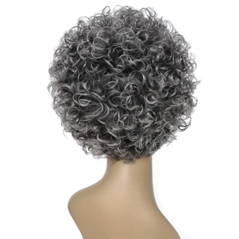 Perruque complète en cheveux humains bouclés courts gris-gris de haute qualité