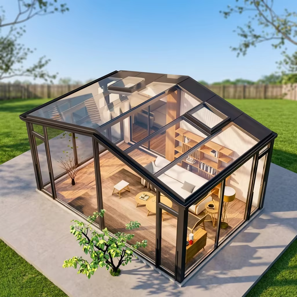 Verrière moderne à toit incliné en aluminium et verre, double vitrage isolant, pour villa, patio et jardin