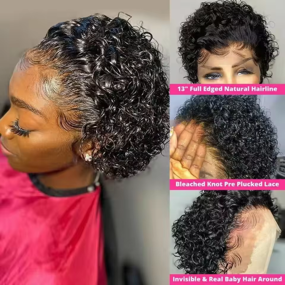 Perruques coupe lutin cheveux humains courts bouclés avant de lacet