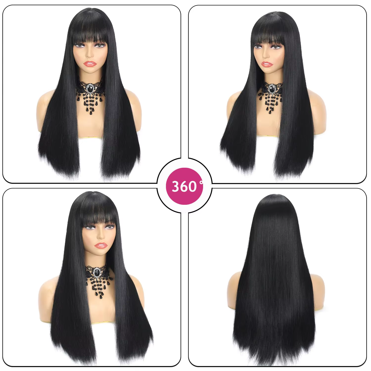 Perruque synthétique noire de 26 pouces avec cheveux longs et raides