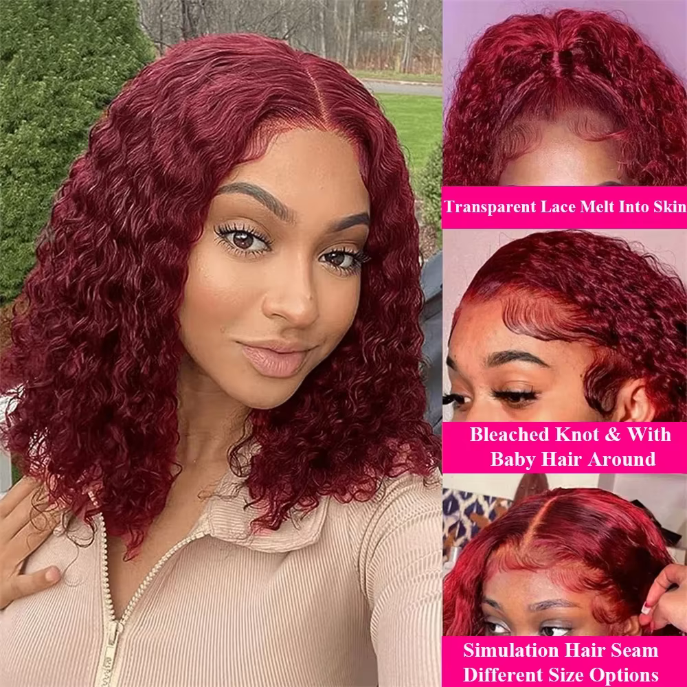 Perruque Lace Frontale 13x4 Courte Bob Bouclée Kinky Pré-Pluckée 99J Deep Wave Cheveux Humains Bourgogne Perruques
