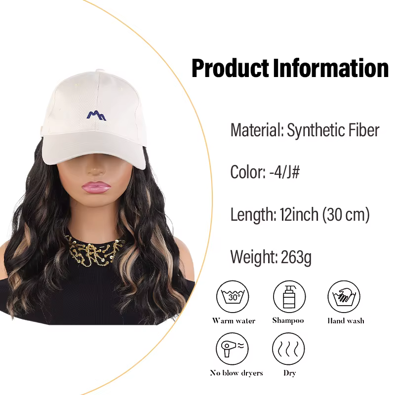 Casquette de baseball beige avec perruque à boucles ombrées et fibres synthétiques – Chapeau-perruque élégant pour un