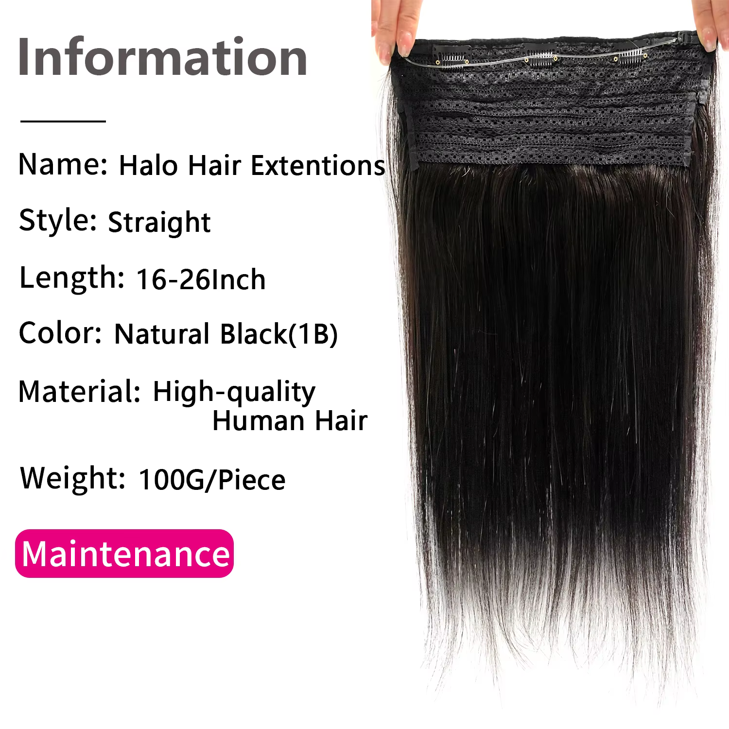 Extensions de cheveux Halo 100% cheveux humains, extensions à clipser avec fil invisible, ligne de pêche invisible # Cheveux raides 1B, 100g/paquet, 16-26 pouces