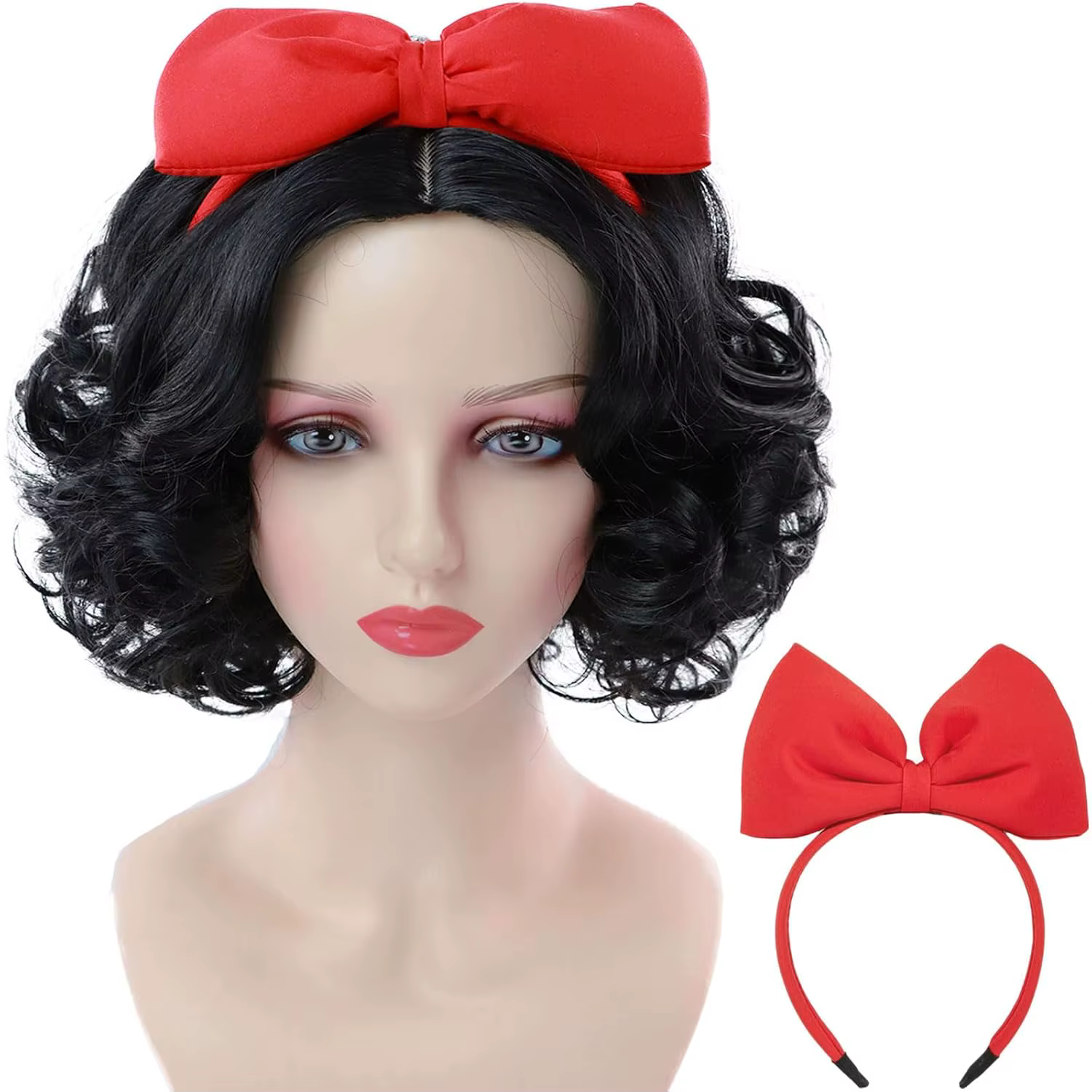 Perruque noire bouclée avec nœud rouge pour femme