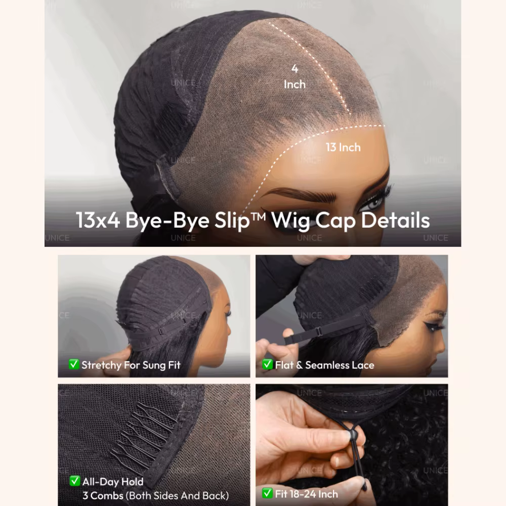 UNice Bye-Bye Slip ™   Perruque 13x4 Lace Frontal Couleur Bronde avec Mèches Blond Miel Ondulées Effet Mouillé 100% Cheveux Humains Sans Colle
