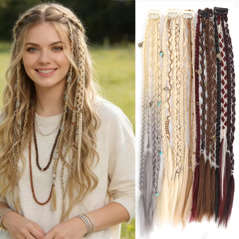 Perruque avec 4 petites tresses et extensions de cheveux pour femmes
