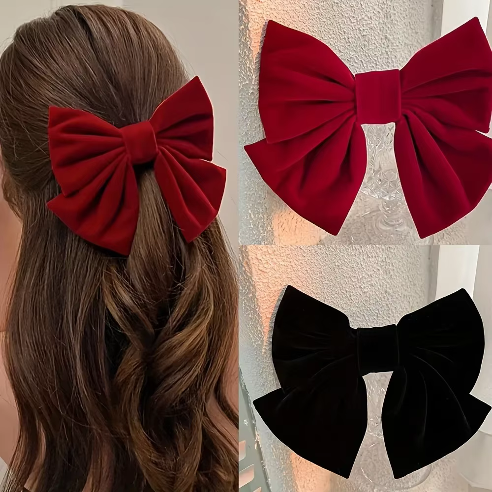 Pince à cheveux à gros nœud en velours rouge avec épingle à cheveux