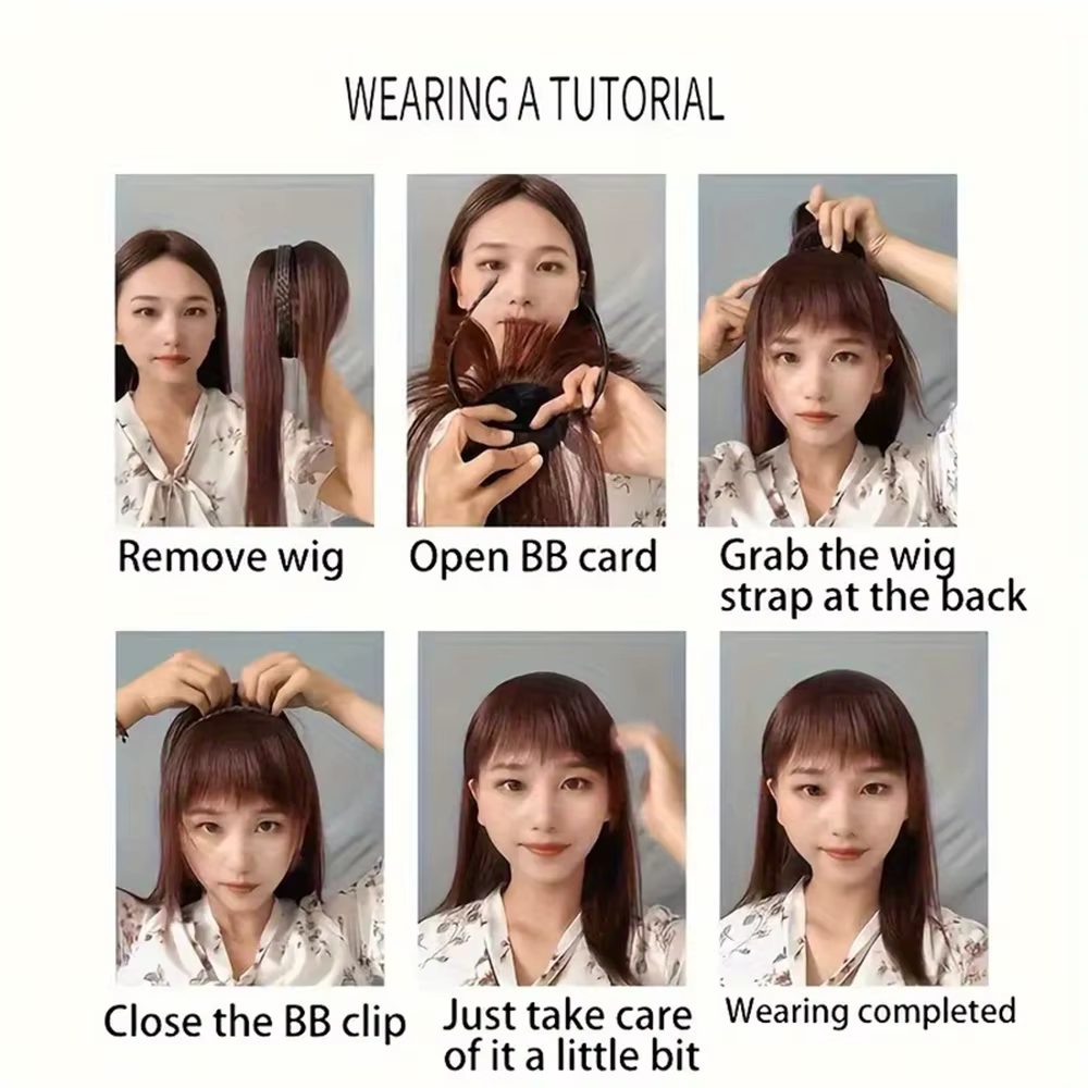Extensions de cheveux synthétiques lisses effet naturel - Bandeau tressé chic avec postiche à clipser et frange pour femme