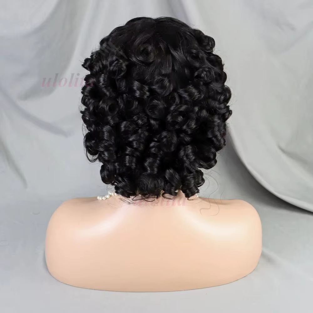 Fumi bouclés perruques de cheveux humains frange perruque coupe lutin Rose