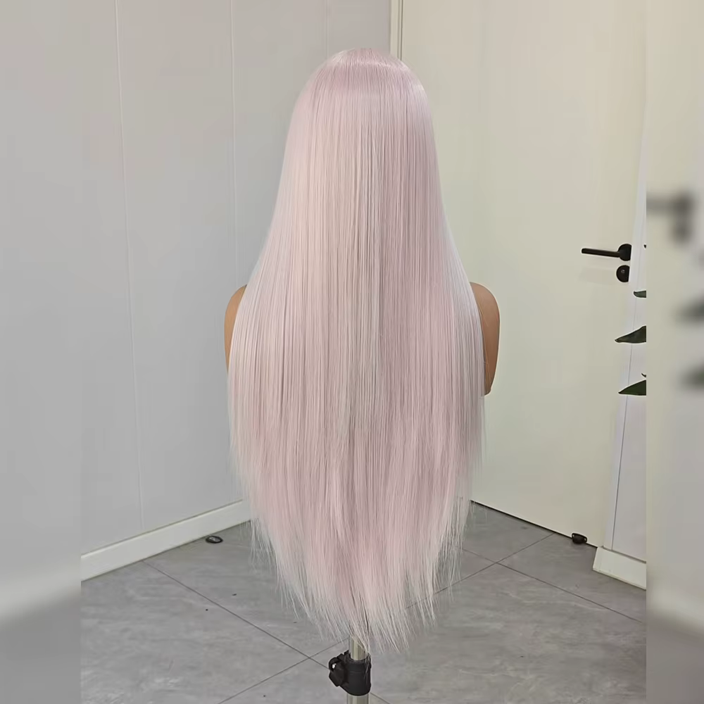 Perruque synthétique droite gris rose pour femme
