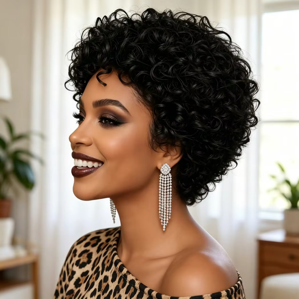 Perruque courte bouclée en cheveux humains pour femmes