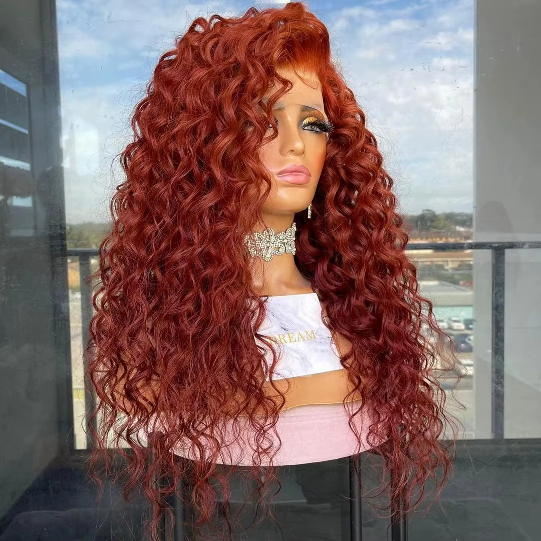 Perruque Lace Front Synthétique Bouclée Rouge Bordeaux pour Femme Noire