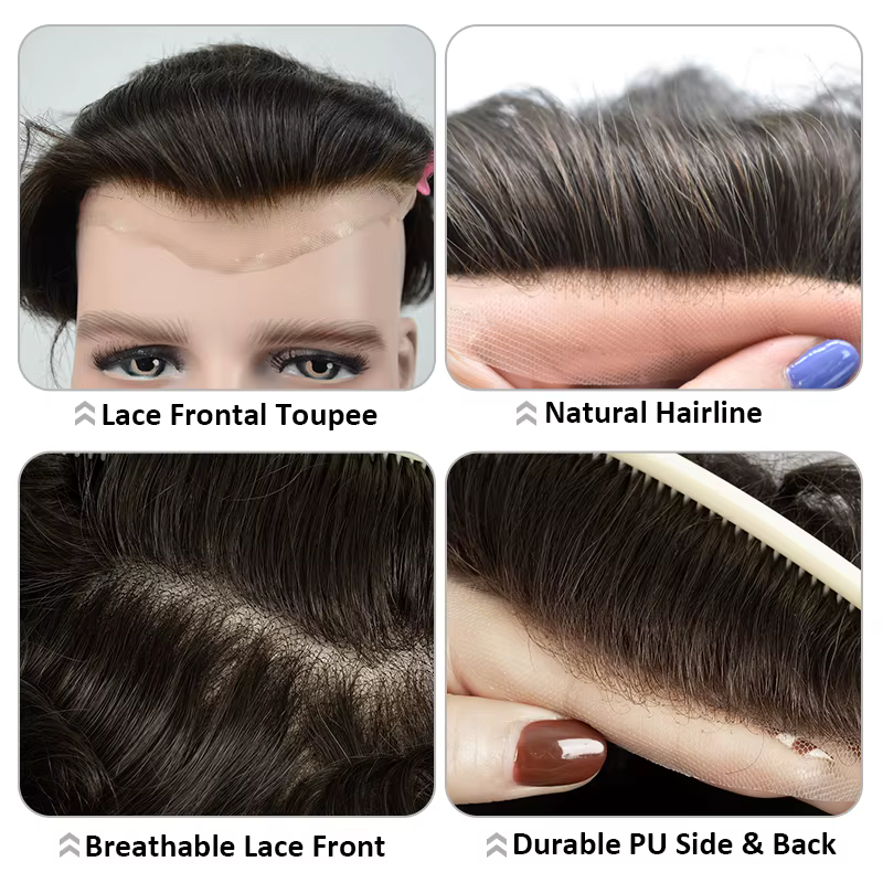 Toupet masculin dentelle suisse PU hommes prothèse capillaire indien perruque de cheveux humains mince système