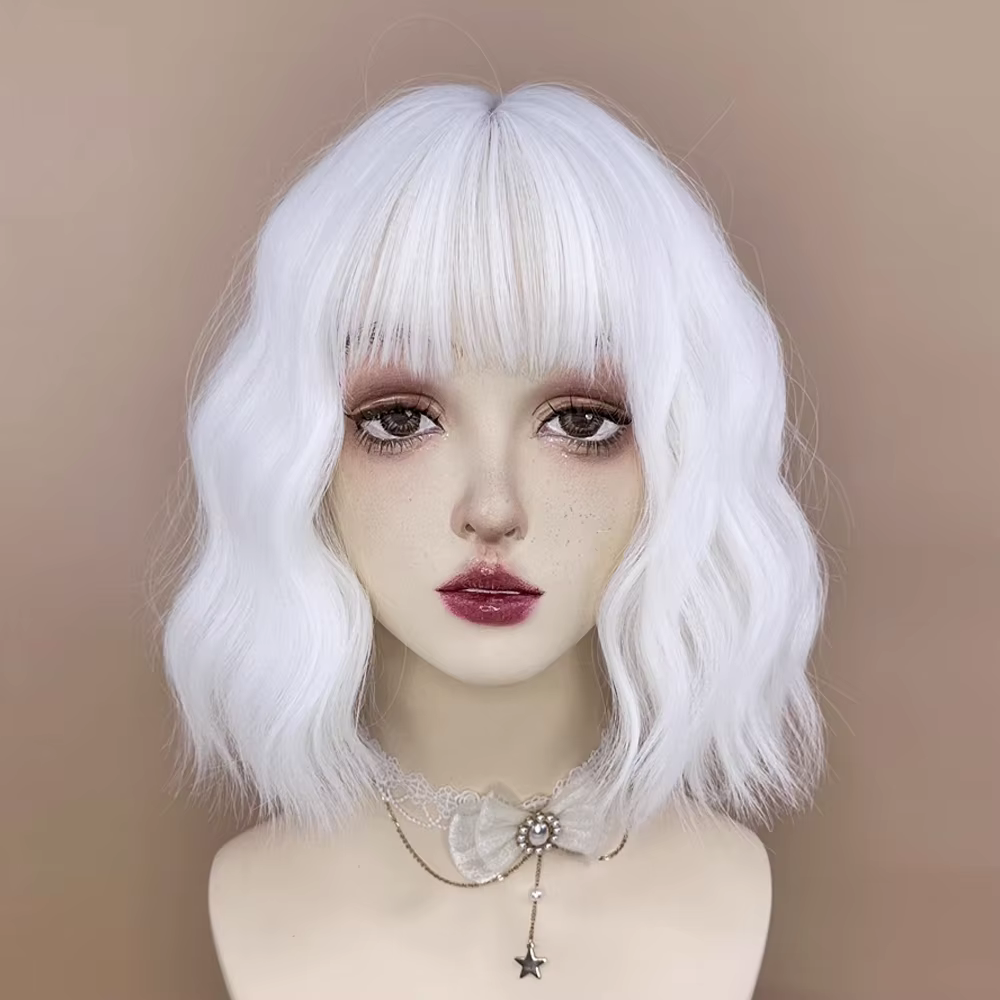 MSIWIGS – perruque synthétique courte ondulée blanche bouclée avec frange pour femmes