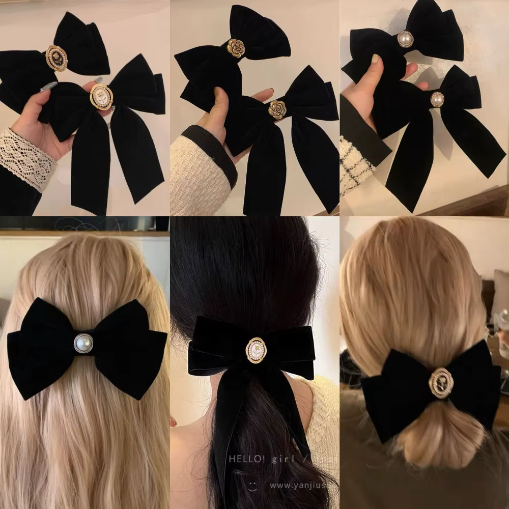 Pince à cheveux avec nœud en velours noir français