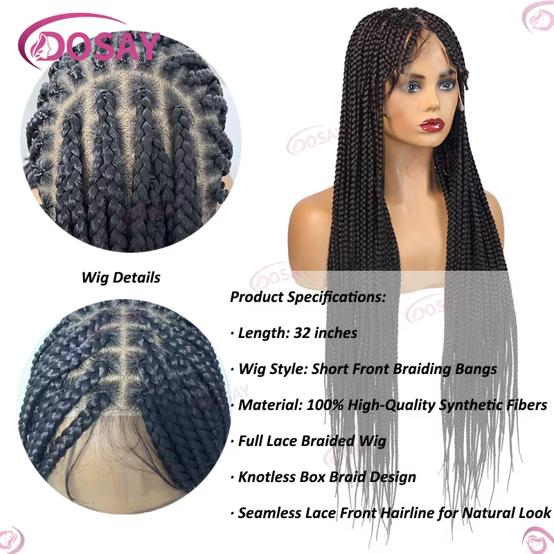 Perruque Synthétique Tressée avec Frange pour Femme Noire