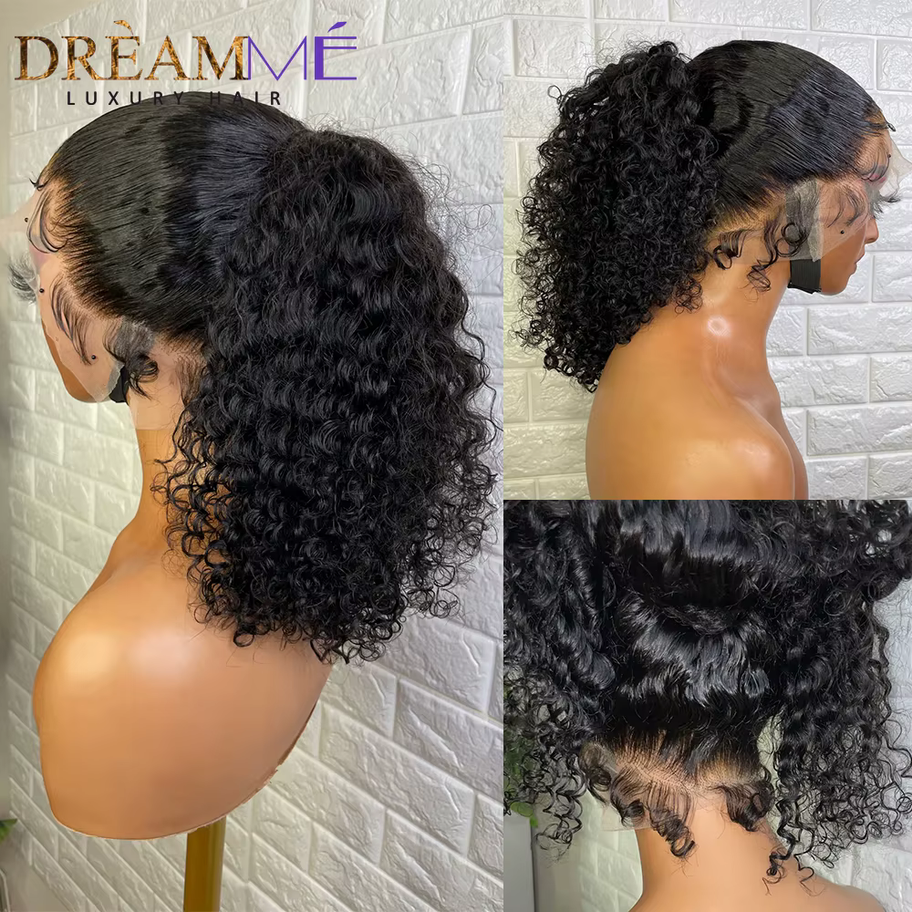 Perruque Full Lace Wig 360 brésilienne naturelle, cheveux bouclés, Deep Wave, Transparent, sans colle, avec sangle invisible, pre-plucked
