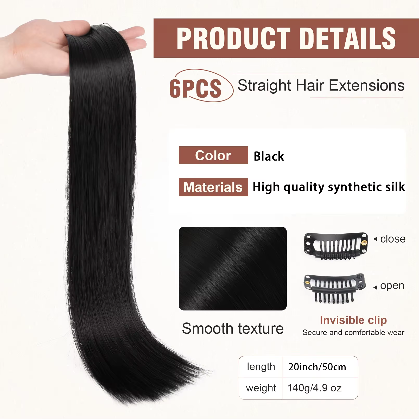 6 extensions de cheveux lisses à clipser pour femmes - Postiche synthétique résistant à la chaleur avec effet naturel