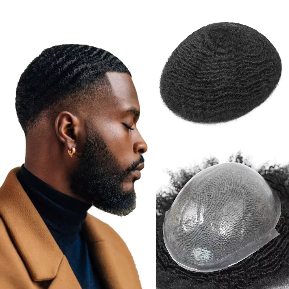 Afro bouclés toupet pour hommes peau mince pleine PU prothèse de cheveux humains 8mm africain mâle
