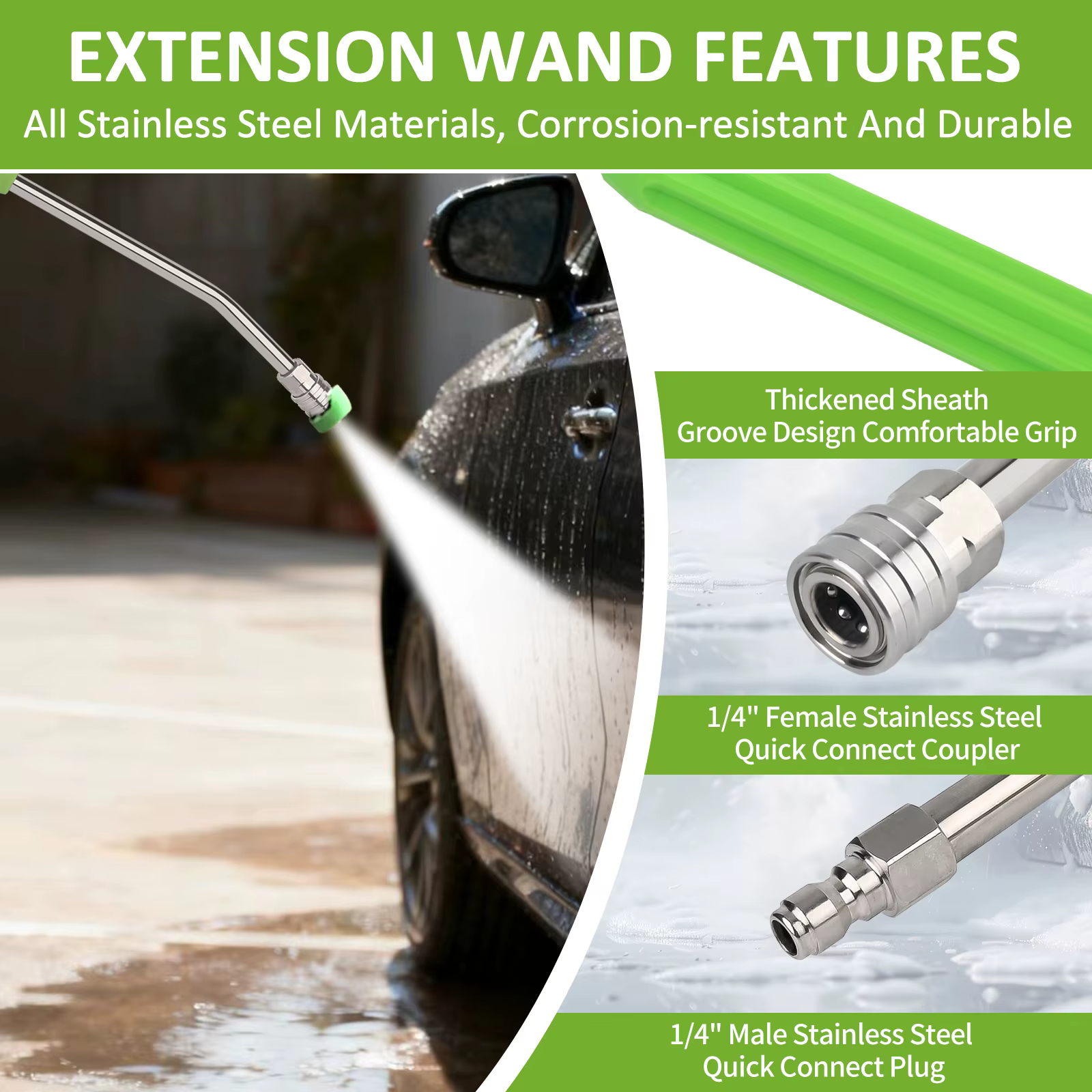 Baguette d'extension de nettoyeur haute pression pour lavage de voiture, baguette d'extension électrique en acier inoxydable, extension de baguette de laveuse électrique avec prise rapide de 1/4"