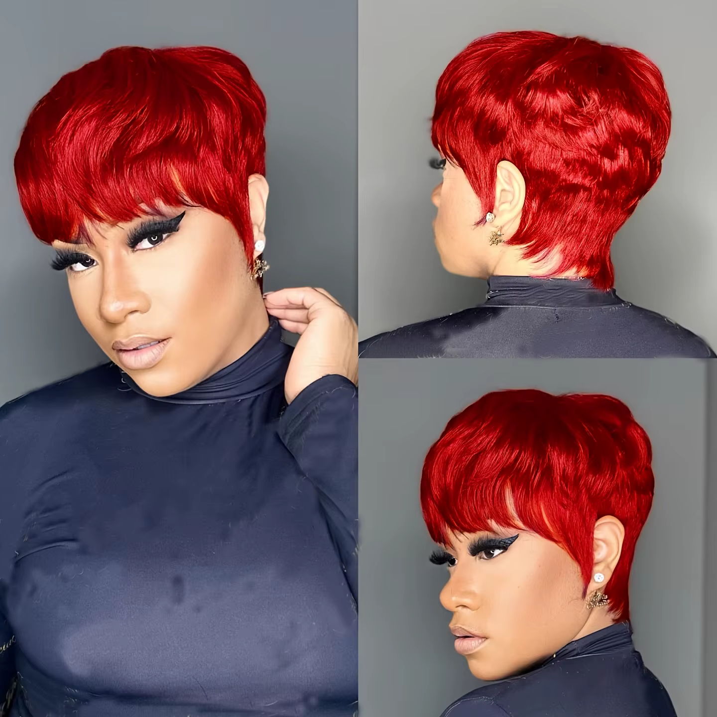 Perruque de cheveux humains courts de couleur rouge avec frange