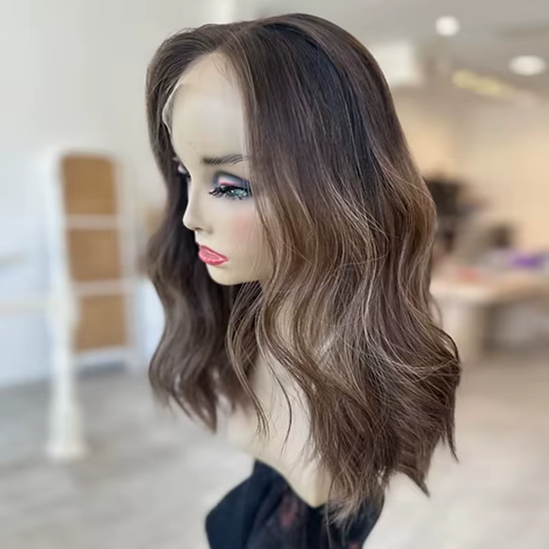 Perruque Lace Front Marron Châtain Pré-Pluckée Ondulée Naturelle Résistante à la Chaleur Mélange Synthétique Cheveux Humains pour Usage Quotidien