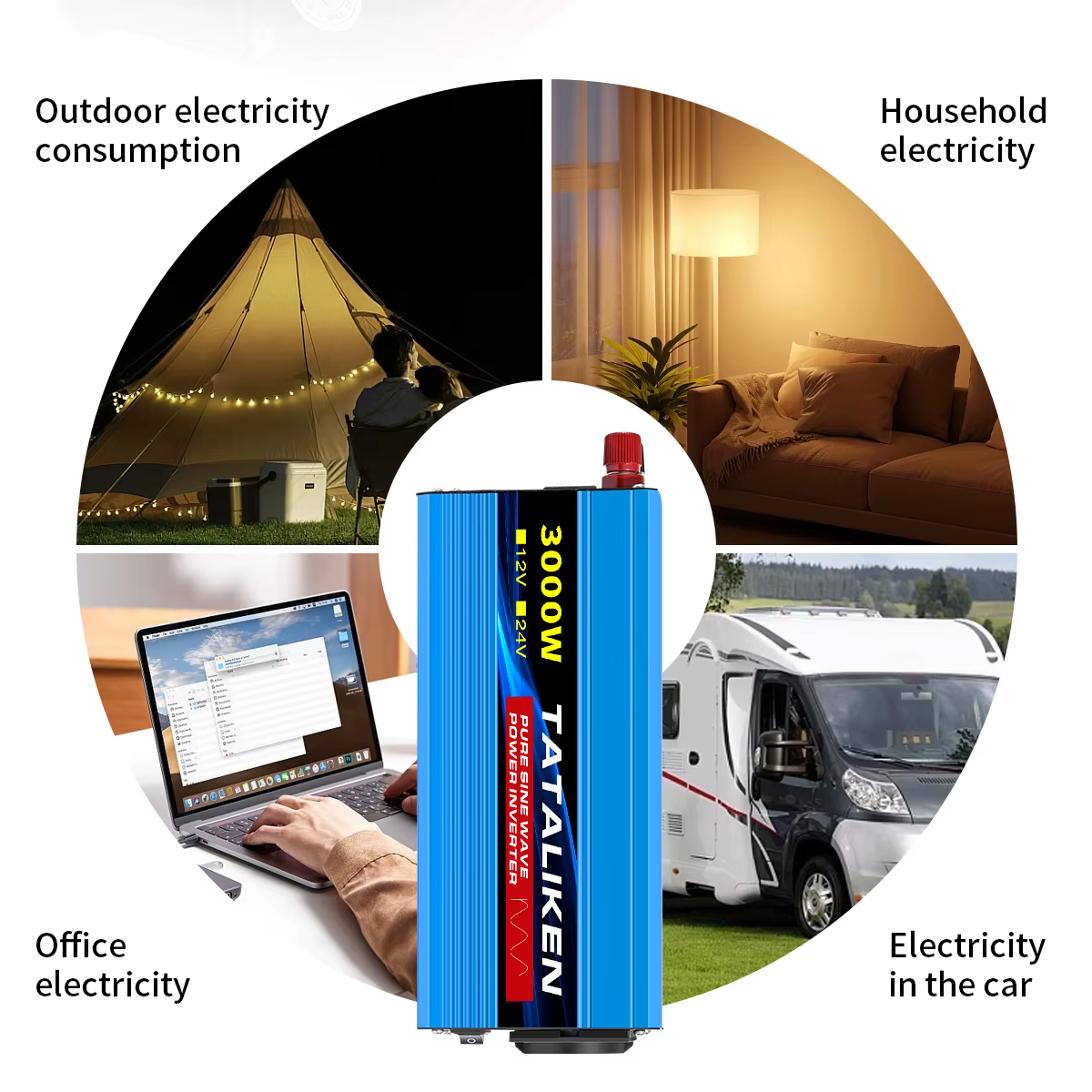 Convertisseur d'ondes sinusoïdales pures 1000W-4000W DC 12V et 24V vers AC 220V 50Hz, chargeur, adaptateur, prise universelle