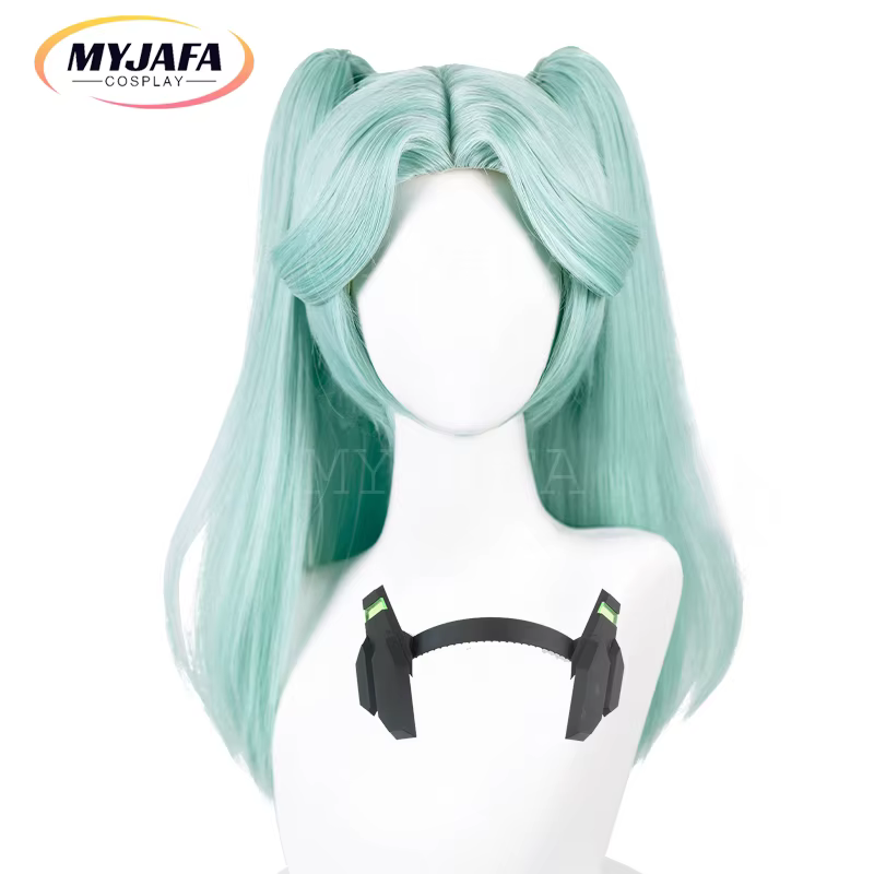 Perruque de Cosplay synthétique vert menthe Cyberpunk avec bonnet de perruque, perruque de Cosplay, longue queue de cheval, résistante à la chaleur