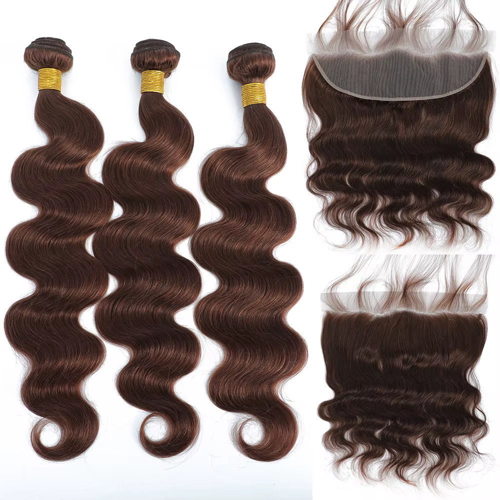 Extensions de Cheveux Humains Ondulés Bruns avec Closure 4x4/13x4