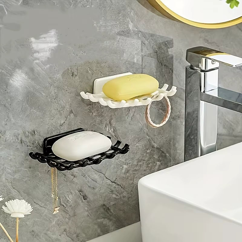 1 porte-savon mural pour douche avec drainage, noir, blanc, support carré. Aucun perçage requis, crochet pour savon et accessoires.