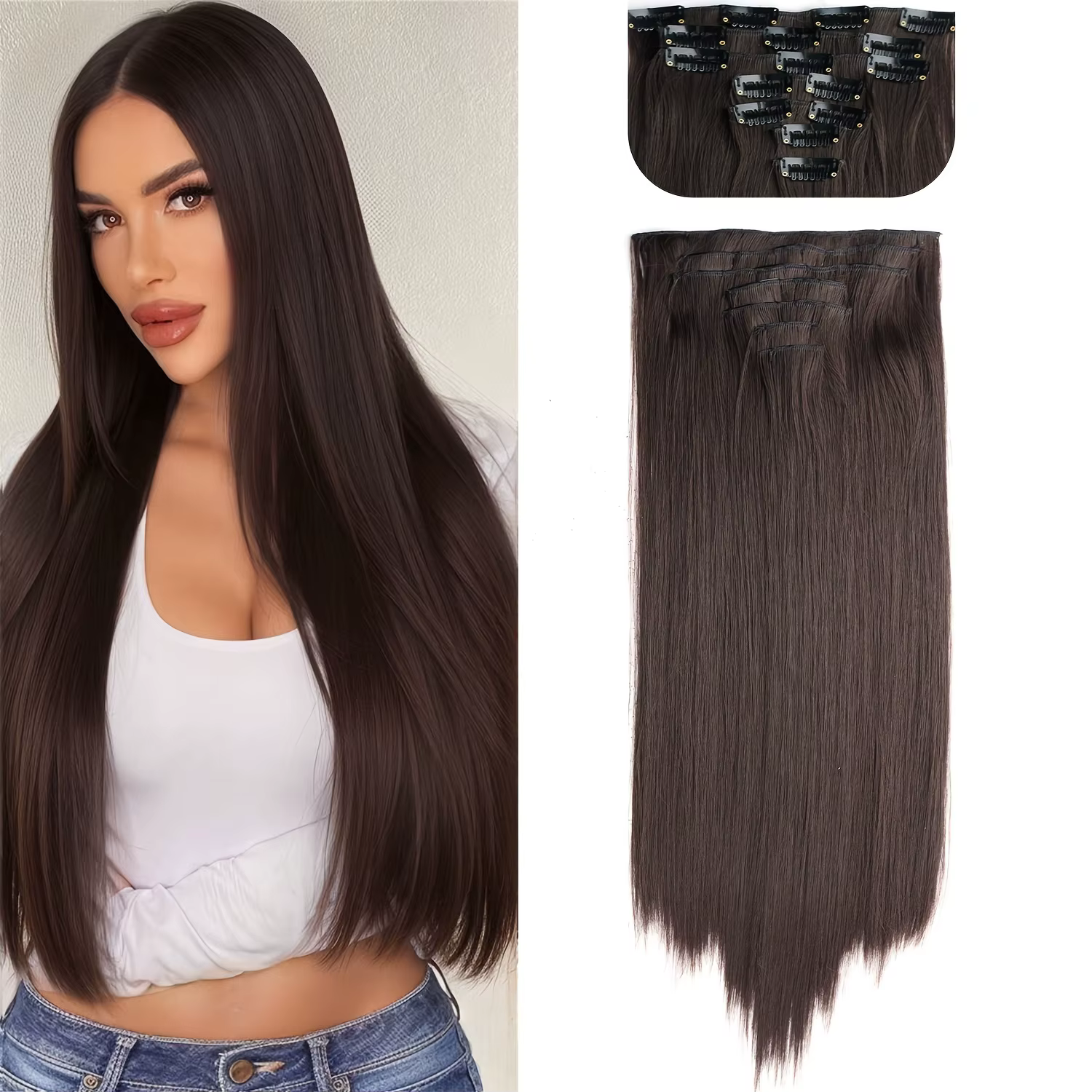 Coiffure longue droite 16 Clips 7 pièces/ensemble Extensions de cheveux naturel synthétique Blonde noir postiches résistant à la chaleur pour les femmes