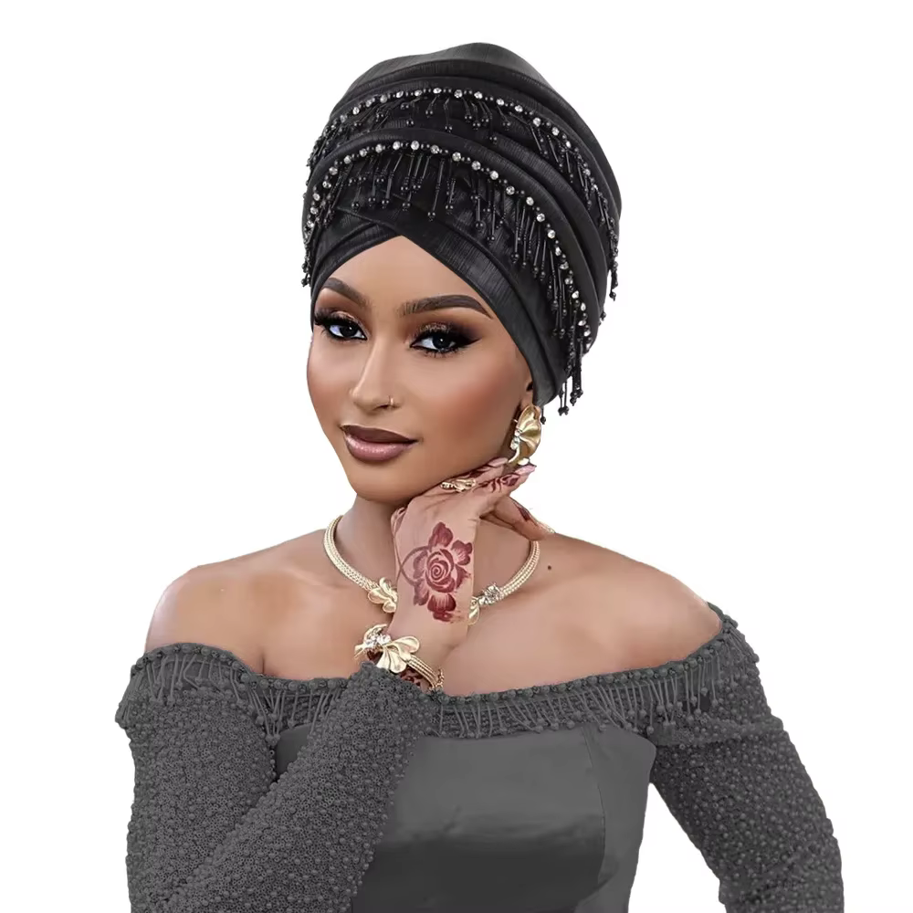 Couvre-chef africain femmes perles glands Turban casquette mariage nigérian Auto Gele fête casque tête enveloppement Hijab Bonnet chapeau coiffure