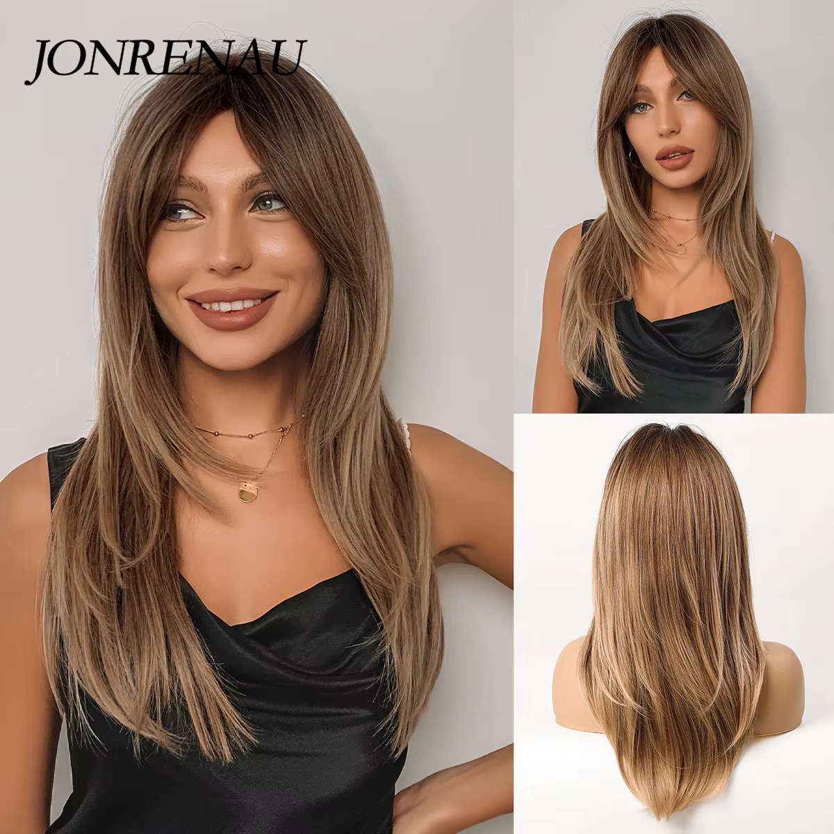 JONRENAU cheveux longs raides avec frange Ombre noir foncé brun à blond perruques synthétiques pour les femmes fête quotidien Cosplay utilisation perruque