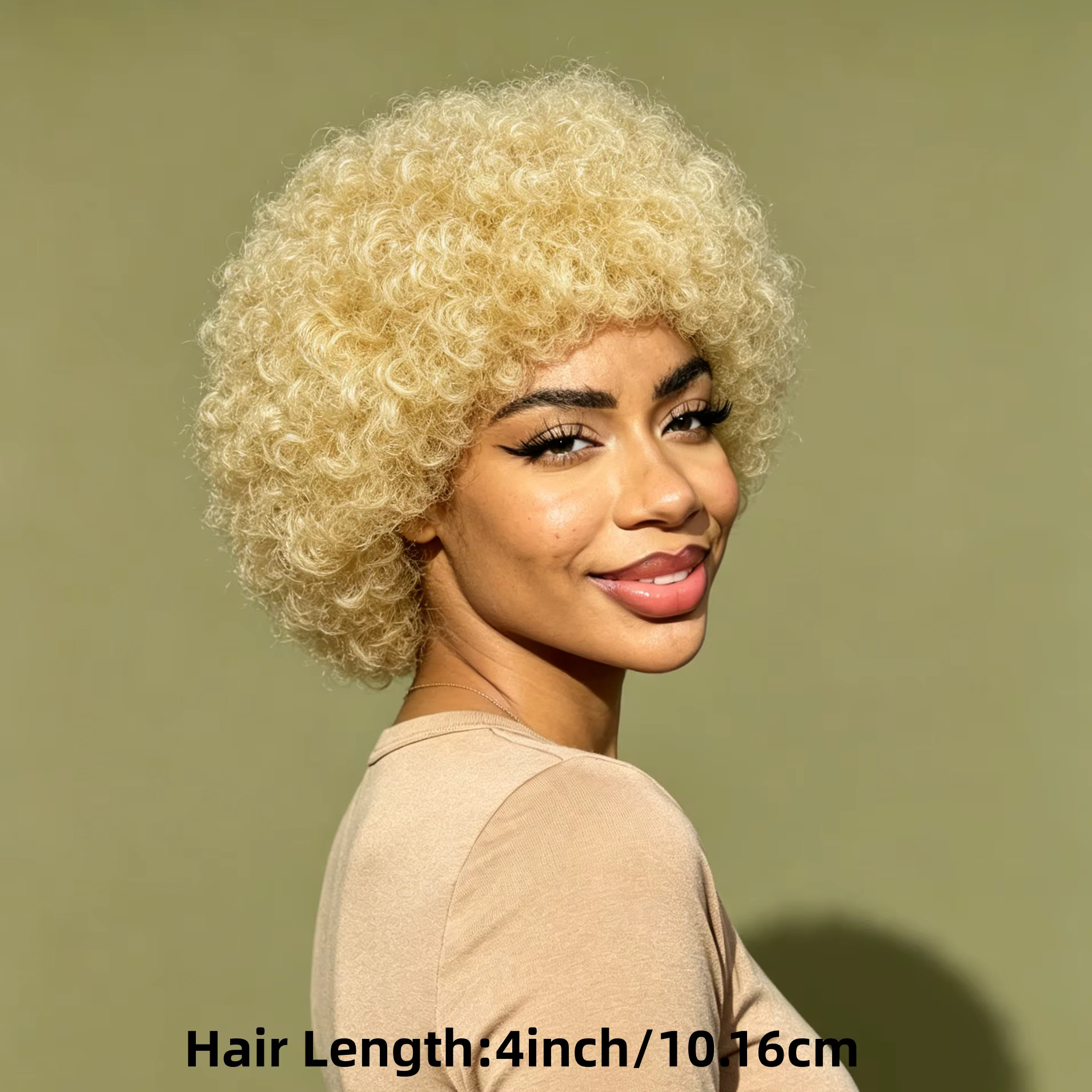 Perruque courte bouclée afro blond miel, volumineuse, style pixie crépu avec frange, bonnet ajustable, entièrement fabriquée à la machine, coupe afro moelleuse
