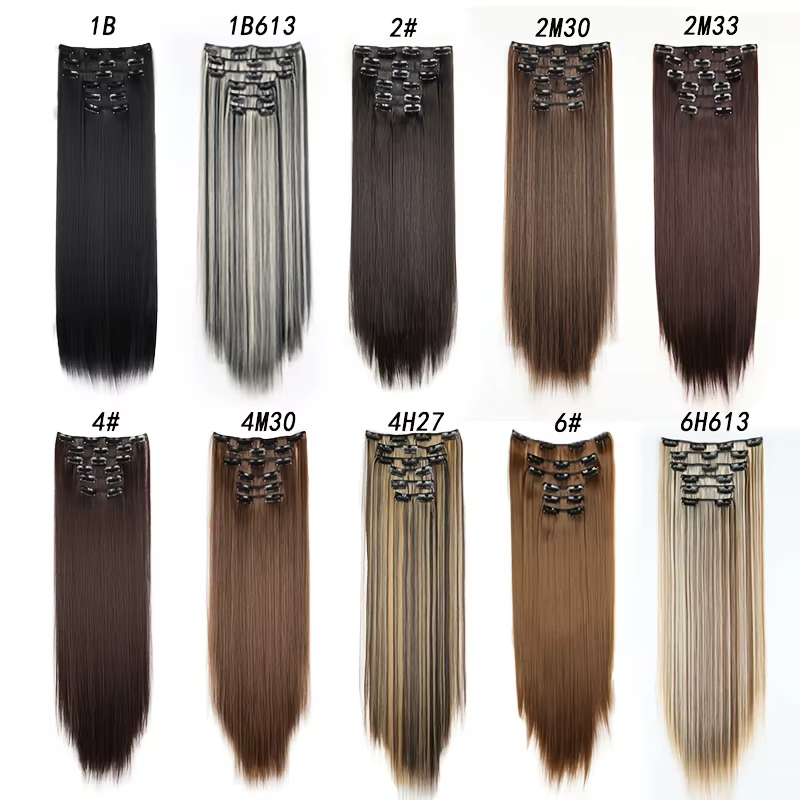 Extensions de cheveux synthétiques blondes et noires, 24 pouces de long, lisses, résistantes à la chaleur, 16 clips, 6 pièces/ensemble