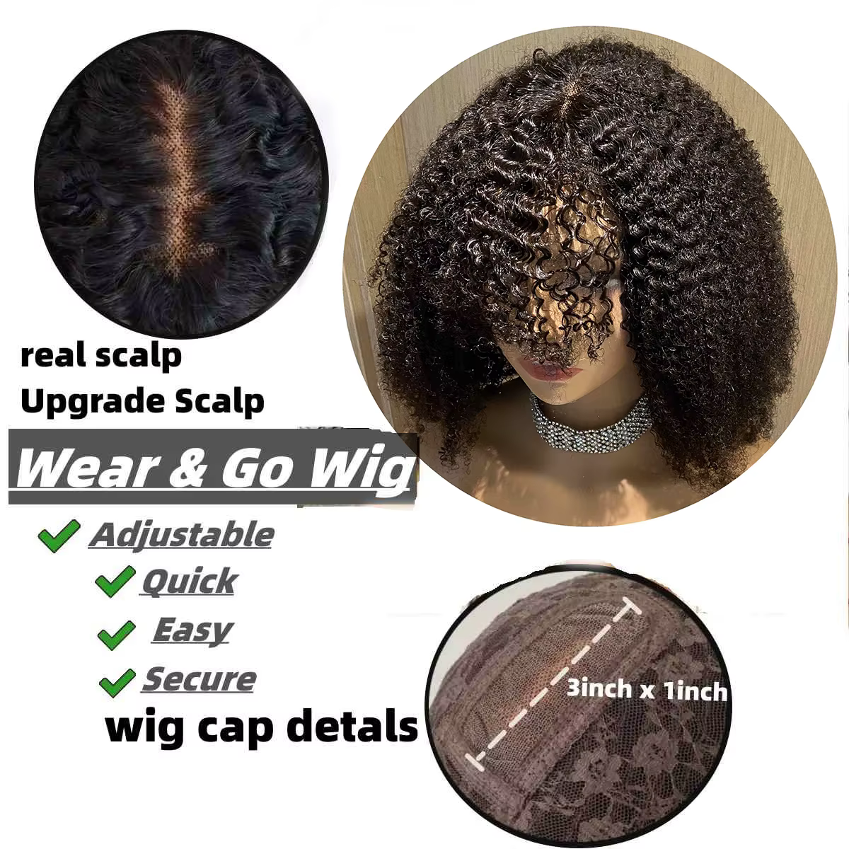 Perruque Brésilienne de Cheveux Naturels Crépus et Bouclés