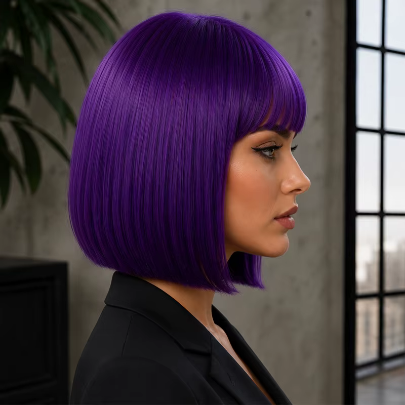 Perruque synthétique violette foncée de 12 pouces avec frange